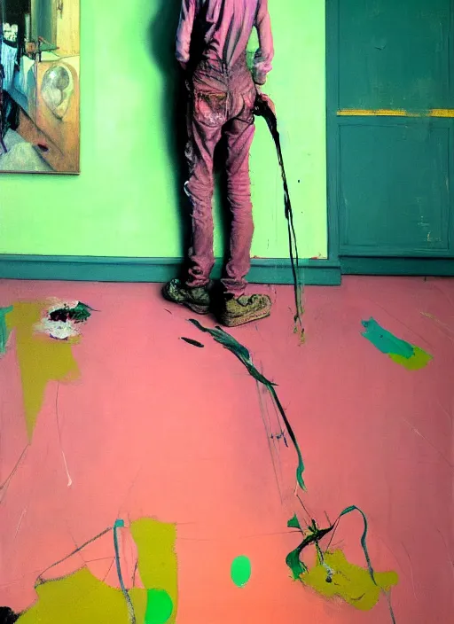 Image similar to an insane, skinny, artist wearing dirty, torn overalls, expressive painting the walls inside a grand messy studio, depth of field, hauntingly surreal, highly detailed painting by francis bacon, edward hopper, adrian ghenie, glenn brown, soft light 4 k in pink, green and blue colour palette, cinematic composition, masterpiece