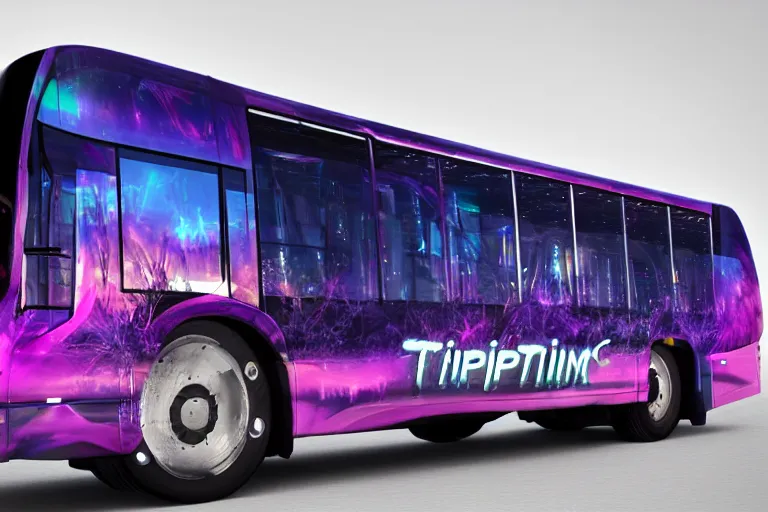 Image similar to photo of a futuristic nightliner bus outside in las vegas at night, custom airbrush paintjob, band name on the bus is tripmachine, realistic digital art, textured with a 3 d render of a huge futuristic steampunk generator, 8 k, fluorescent colors, halluzinogenic, multicolored, exaggerated detailed, unreal engine