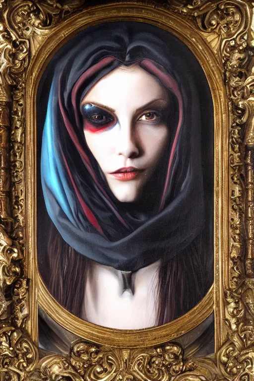 Image similar to hyperrealism oil painting, close - up portrait of european medieval brunette vampire fashion model, knight, steel gradient mixed with nebula sky, in style of baroque