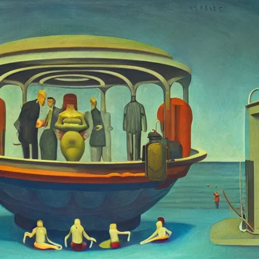 Prompt: deep sea scientists in a giant bathysphere, interior, fantastical, comedic, dystopian, grant wood, pj crook, edward hopper, oil on canvas