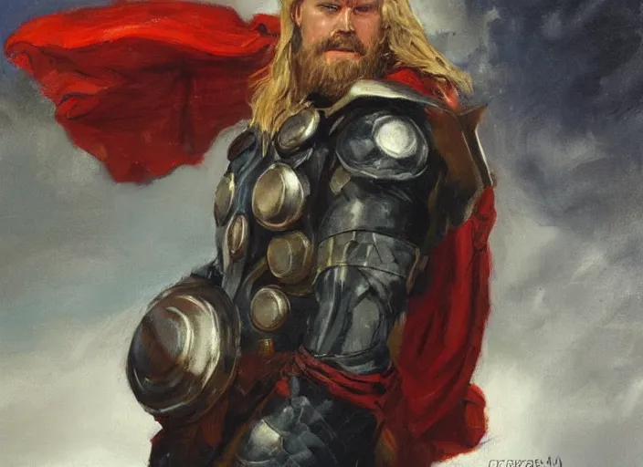 Prompt: a highly detailed beautiful portrait of thor, by gregory manchess, james gurney, james jean