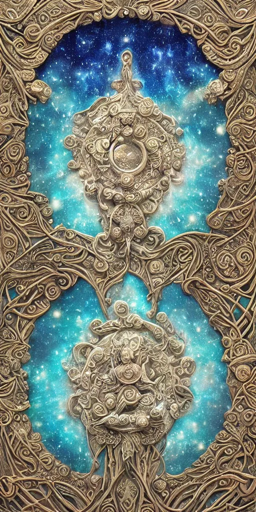 Image similar to intricate colourfully painted carved Soapstone relief paneling, iridescent, pearl and pale blue toned, celestial, cosmos, galaxies, planets, divinity, moon goddess, mother earth, Earth Goddess mythology, Gaia, angels, dream atmosphere, bright colors, vivid colors, Ghostly, crystaline celtic, insanly detailed , artstation, wallpaper, hyper realistic, realistic lighting