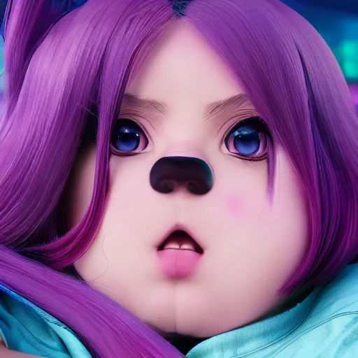 Image similar to morbidly obsese anime girl, anime girl with purple hair, kawaii girl, absurdly fat girl, 1, 2 0 0 pound girl, octane render, 2 0 1 9 anime