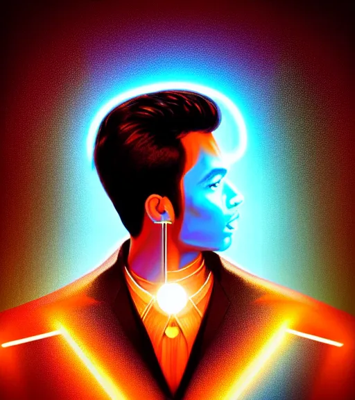 Image similar to symmetry!! indian prince of technology, solid cube of light, hard edges, product render retro - futuristic poster scifi, lasers and neon circuits, brown skin handsome indian prince, intricate, elegant, highly detailed, digital painting, artstation, concept art, smooth, sharp focus, illustration, dreamlike, art by artgerm