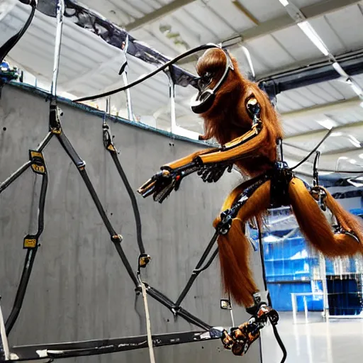 Image similar to publicity photo released by boston dynamics of its prototype metallic orangutan - style robot leaping or swinging or climbing in an obstacle - course while engineers are taking notes.