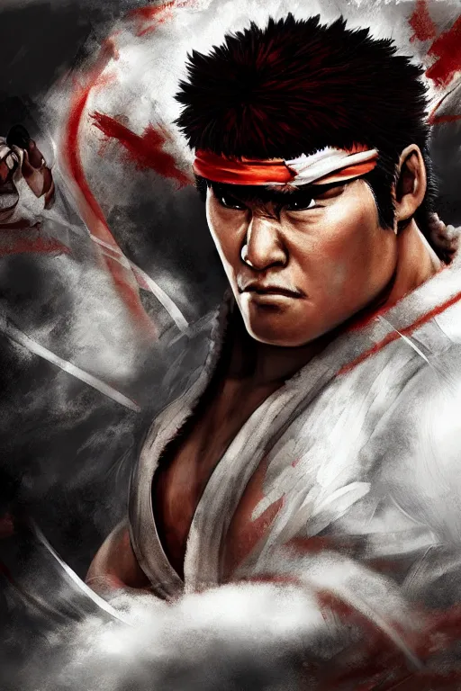 Premium Free ai Images  ryu street fighter character detailed portrait  fight blood scream blue energy blast full body background old style japan  house fire