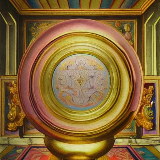 Image similar to still life renaissance pastel painting of a room with a marbled pedestal displaying an ancient holy artifact medallion, chromed and ornate with gentle iridescent shine from within. perspective from the side. realistic light and shadows. moody final fantasy art