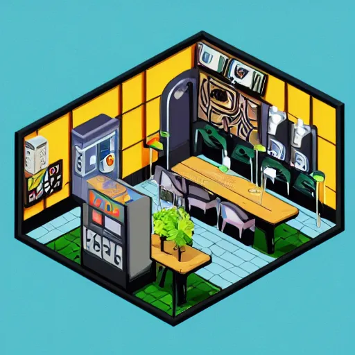 Prompt: isometric cartoon of funky recreational cannabis cafe area, baristas coffee machine, aluminum sheen, people drinking coffee and smoke cannabis cigarettes, weed vending machines, only 3 tables beanbags, 4 cannabis pots, by benoit mandelbrot, low poly cute minimal interior design concept art illustrated by anni albers, 2 d game art