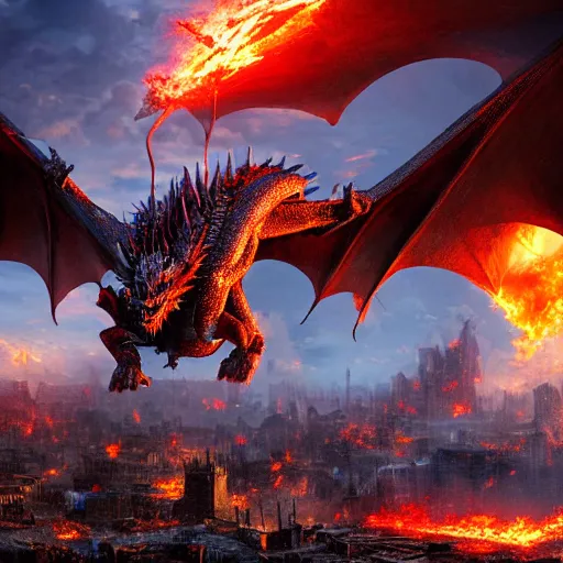 Image similar to dragon destroying a city with fire, apocalyptic fantasy, digital art, 4 k, game of thrones