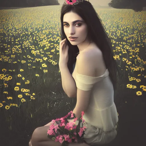 Prompt: Fine art photo of the most beautiful woman, she is turquish, she is posing while maintain a sweet eye contact to the camera, she has a crown of flowers, she has perfect white teeths, she is sitting on a field of lavader, she is getting ulluminated by the rays of the sunset, the photo was taking by Annie Leibovitz, Ellie Victoria Gale, Steve McCurry, matte painting, oil painting, naturalism, 4k, 8k