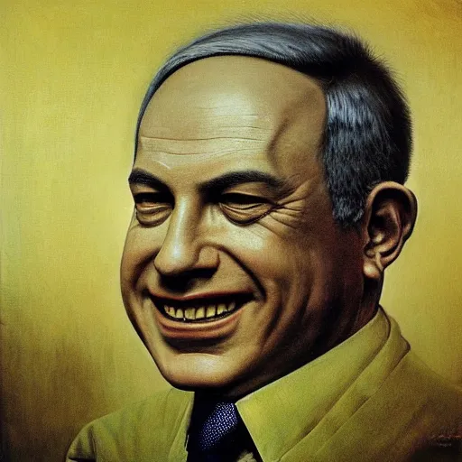 Image similar to a portrait of benjamin netanyahu grinning, by beksinski