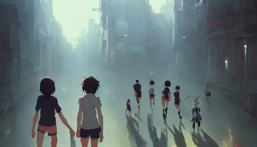 Image similar to people and robots run a marathon, studio ghibli artgerm greg rutkowski makoto shinkai, artstation