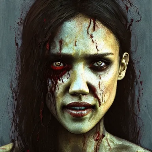 Image similar to color head portrait of jessica alba crying as a zombie, 7 days to die zombie, gritty background, fine art, award winning, intricate, elegant, sharp focus, cinematic lighting, digital painting, 8 k concept art, art by michael hussar, art by brom, art by guweiz and z. w. gu, 8 k