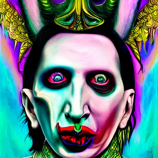 Image similar to an extremely psychedelic portrait of marilyn manson as baphomet, surreal, lsd, face, detailed, intricate, elegant, lithe, highly detailed, digital painting, artstation, concept art, smooth, sharp focus, illustration,