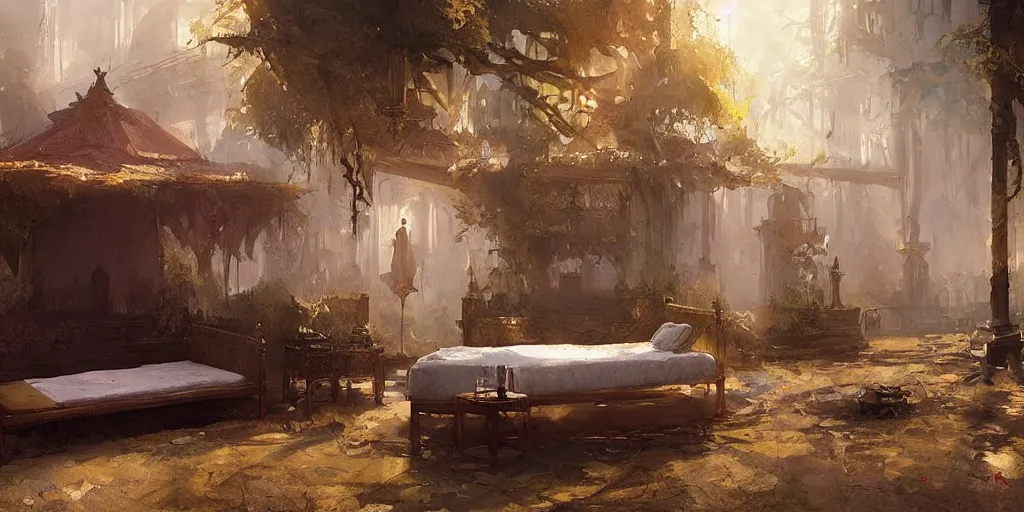 Prompt: a bed on stand in a magical area, by greg rutkowski