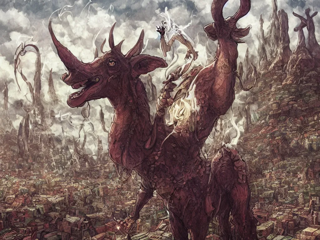 Image similar to A centered chest up portrait of a psychedelic demonic anthropomorphic mule smoking a hand-rolled cigarette smoking heavily , magic mushroom village in background , award winning. superb resolution. in the art style of junji Ito and greg rutkowski . Mule, Mule. Detailed Mushroom city in background. Hyper realistic anime. Perfect art. Dalle2