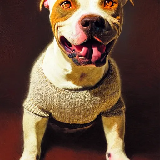 Image similar to a portrait of a female pit bull wearing a sweater and smiling at the viewer. highly detailed painting by gaston bussiere, craig mullins, j. c. leyendecker 8 k