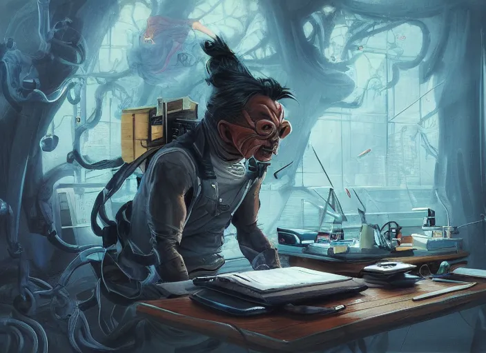 Image similar to an insanely detailed painting of an asian man wearing a homemade superhero costume, sitting at a desk, staring seriously at the computer and typing, in the style of peter mohrbacher, james jean, artgerm, dramatic lighting and composition, surreal background, octane render, pixar, trending on artstation, concept art, comic book, view from behind, 8 k