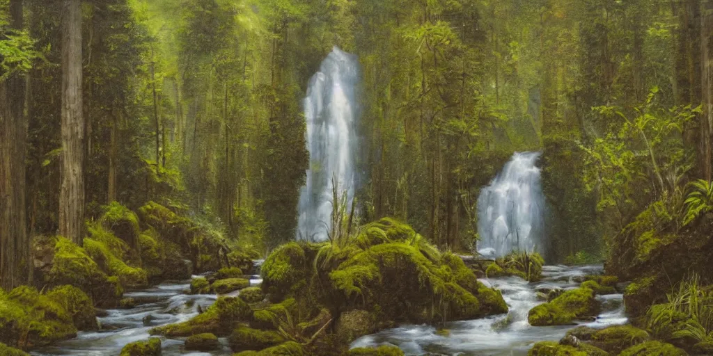 Prompt: A symmetrical oil painting of two waterfalls surrounded by a very dense forest