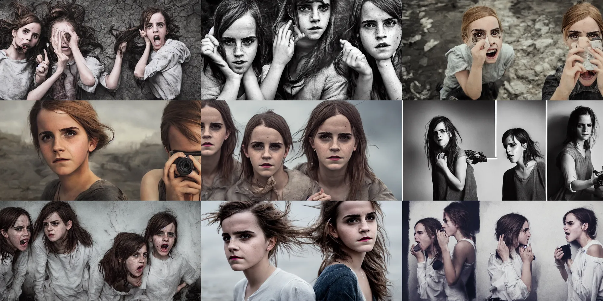 Prompt: portrait emma watson identical twins screaming greg rutkowski!!! greg rutkowski!!! james gurney james gurney canon eos david bailey!!! david bailey!!!! corinne day cinematic filmic photorealistic hyperdetailed canon eos r 3 fujifilm x - t 3 0 sony alpha a 6 6 0 0 nikon d 5 0 0