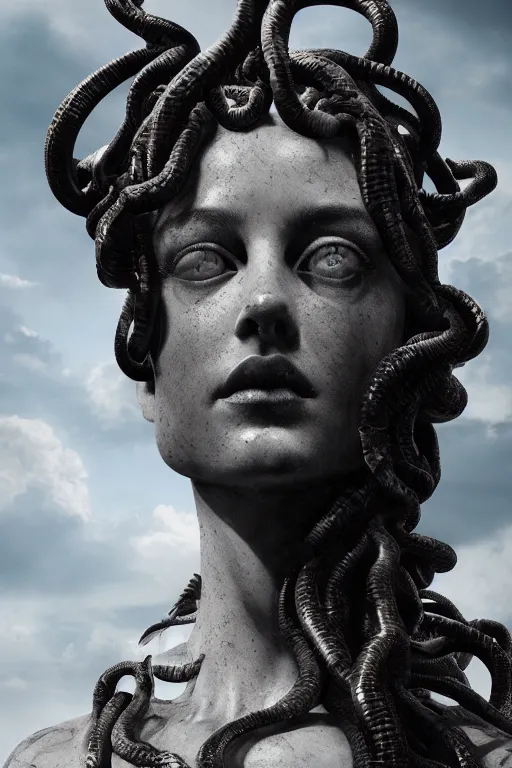 Image similar to A portrait of medusa as a black marble statue with white streaks by Greg Rutkowski, Sung Choi, Mitchell Mohrhauser, Maciej Kuciara, Johnson Ting, Maxim Verehin, Peter Konig, Bloodborne , 8k photorealistic, cinematic lighting, HD, high details, dramatic, atmospheric , trending on artstation