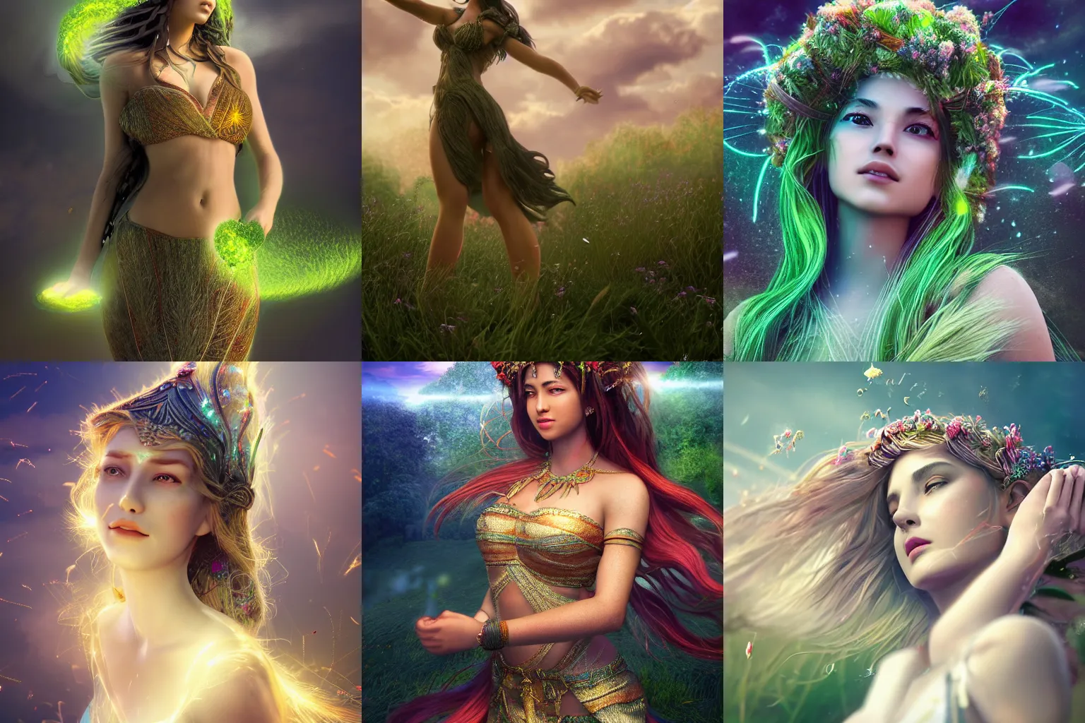 Prompt: a beautiful female goddess of the grass character, character is in all its glory, character is in her natural relaxed pose, rim lights, particles and dust in the air, fancy clouds, highly detailed professional photo, dynamic lights, particles are flying, depth of field, trending on artstation, professional illustration, hyper realistic, vray caustics, super detailed, colorful accents, cinematic shot