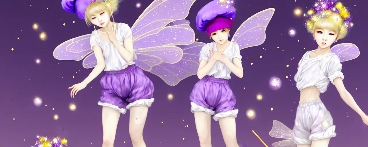 Image similar to Full View of a mysterious kpop fairy maidens with short blond hair wearing an oversized purple Beret, Baggy Purple overall shorts, Short Puffy pants made of silk, silk shoes, a big billowy scarf, Golden Ribbons, white leggings Covered in stars. Short Hair. peasant magic. masterpiece 4k digital illustration by Ruan Jia and Mandy Jurgens and Artgerm and william-adolphe bouguereau, award winning, Artstation, art nouveau aesthetic, Alphonse Mucha background, intricate details, realistic, panoramic view, Hyperdetailed, 8k resolution, intricate art nouveau, smooth, sharp focus