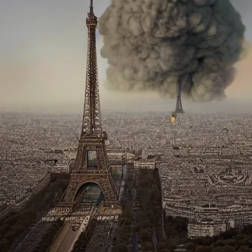 Image similar to the eifel tower gets hit by an asteroid, multiple asteroids are in the air, paris in the background is burning, apocalyptic, highly detailed, 4 k, digital paintin, sharp focus, tending on artstation