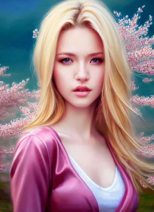 Image similar to photo of a gorgeous blonde female in the style of stefan kostic, realistic, half body shot, sharp focus, 8 k high definition, insanely detailed, intricate, elegant, art by stanley lau and artgerm, extreme blur cherry blossoms background