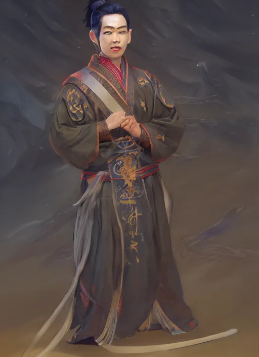 Image similar to full body portrait of a male sovereign daoshi wearing a daopao by wlop, wuxia, xianxia, the sovereign marvel, ayesha, daoshi, taoist priest, taoist master, daopao, taoist robe, realistic, anatomically accurate, fantasy illustration, artstation, wlop, 4 k.