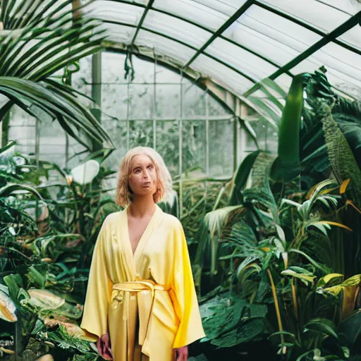 Image similar to head to shoulder portrait photograph of an elegant blond woman wearing a yellow kimono in a tropical greenhouse. looking at the camera!!. super resolution. 85 mm f1.8 lens.bokeh.graflex. Alessio albi