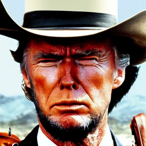 Image similar to donald trump as clint eastwood squinting at high noon in the style of a clint eastwood movie, the good, the bad and the ugly, clint eastwood, steven seagal, bud spencer, donald trump, glory days, patriotism