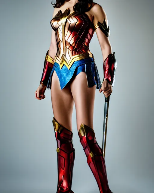 Image similar to full body shots of beautiful actress gal gadot as wonder woman in her golden winged armor - raw, studio lighting, 8 k, photo shoot, 9 inch kershaw soft focus lens f / 5. 6