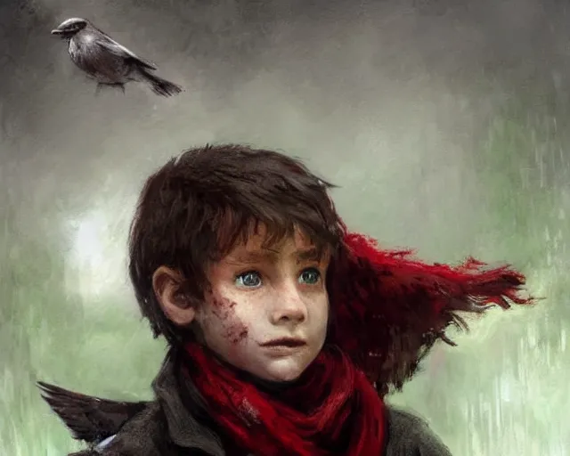 Prompt: a young boy with a red scarf, medium long brown hair, green eyes, is looking at a bird, ethereal, horror, fantasy art by greg rutkowski and magali villeneuve and claude monet black and white but the eyes are green and the scarf is red
