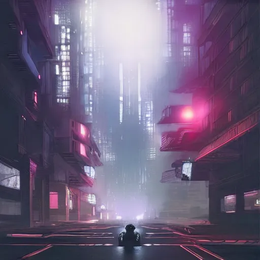 Prompt: street with motorbike speeding, cyberpunk, by stephan martiniere, night, foggy, detailed