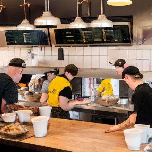 Image similar to busy wafflehouse interior with customers eating breakfast and wafflehouse employees serving food and cooking behind countertop