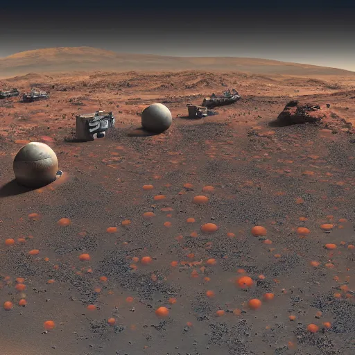 Prompt: a detailed image of a future mars colony, with red dust swirling around the domed settlements and rovers scuttling across the rocky terrain.