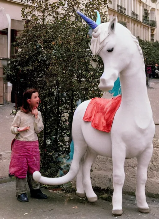 Prompt: a unicorn in paris sneezing a cat out of its horn, canon 5 d 5 0 mm lens kodachrome