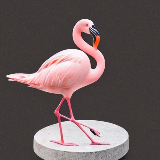 Image similar to a marble statue of a flamingo painted in a rose pink shade, close-ups, varying angles, warm lighting,