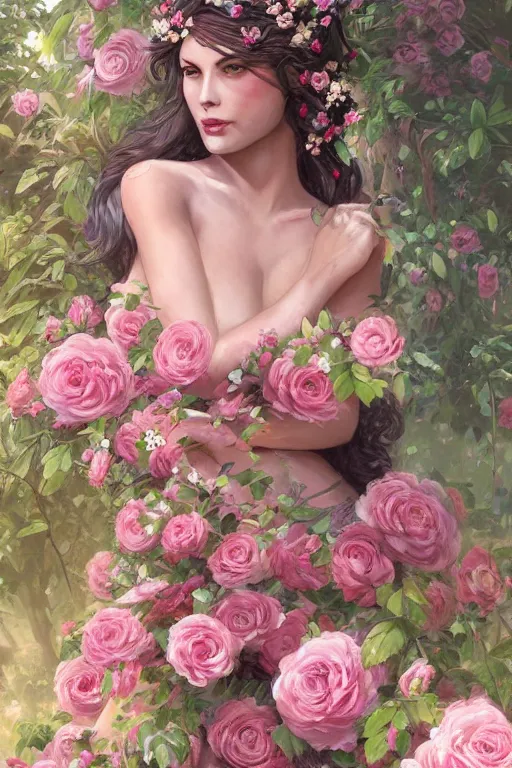 Prompt: beautiful woman in the middle of a lush garden with roses in her hair and an intricate gown, highly detailed, portrait, artstation, art by artgerm and greg rutkowski,