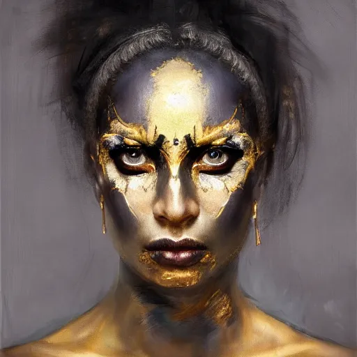 Image similar to portrait of the god of death, eyes made of gold, beautiful female face, angelic, black woman, golden eyes, dark, blood, by jeremy mann, by lucian freud, oil painting, god rays, female warrior, warrior face painting red, wings, gothic, holding a weapon, intricate, highly detailed, trending on artstation, award winning, cinematic