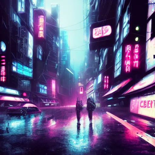 Prompt: cyber punk, futuristic, neo Tokyo, blade runner city concept art, digital matte painting, award winning concept art, neon lights, raining