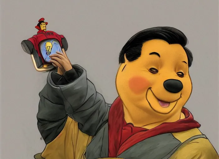 Prompt: portrait of Xi Jinping wearing a Winnie the Pooh onesie in a trashy Chinese dirt poor landfill, hungry, beta weak male, digital painting, concept art, smooth, sharp focus, illustration, from Metal Gear, by Ruan Jia and Mandy Jurgens and William-Adolphe Bouguereau, Artgerm, masterpiece