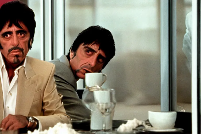 Image similar to tony montana from movie scarface 1 9 8 3 sitting at a big black oak table with big packages of flour. next to the night window. al pacino. perfect symmetric face, coherent eyes,, fine details, 4 k, ron cobb, cinestill