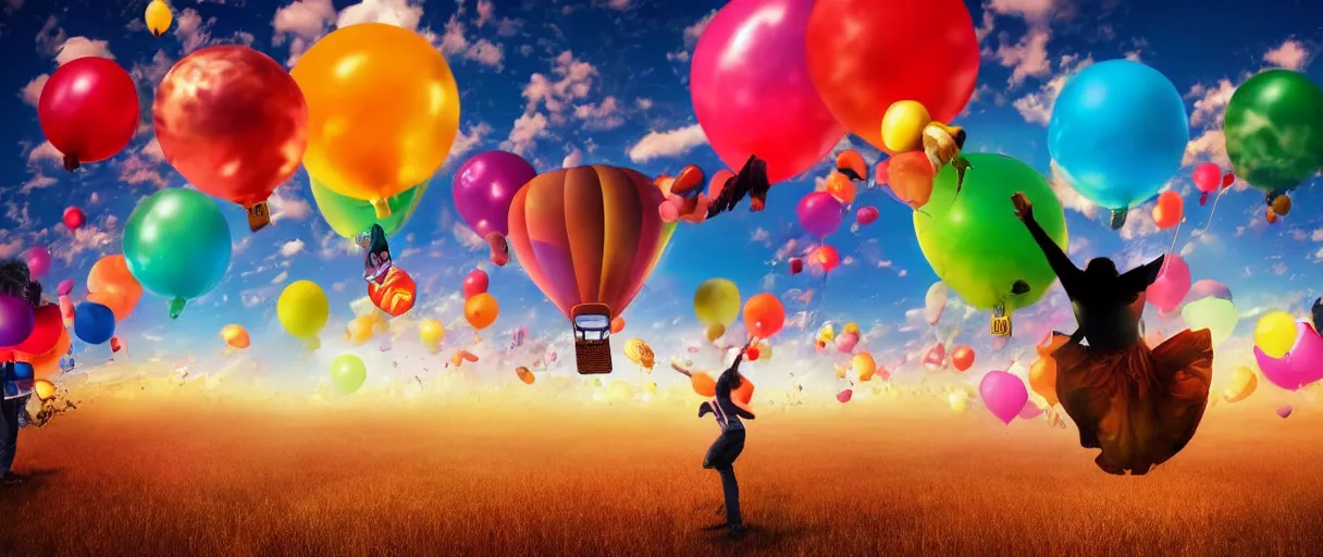 Image similar to joyful people are flying on colorful balloons, black hole on the sky, and they are moving into a fiery abyss in the sky, hyper realistic