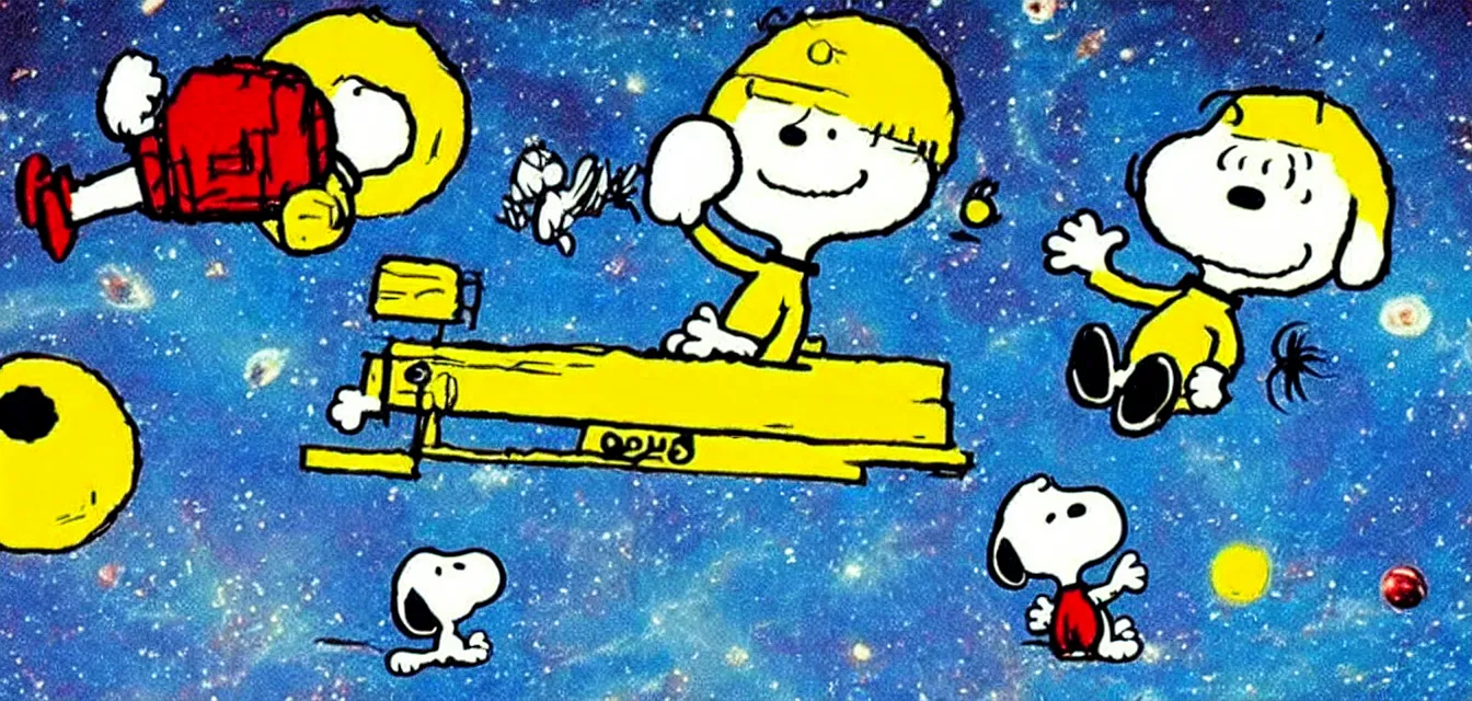 Image similar to calvin and snoopy in space exploring an alien planet, drawn by bill watterson and charles schulz, very detailed and cute and dreamy and playful and happy and cheerful