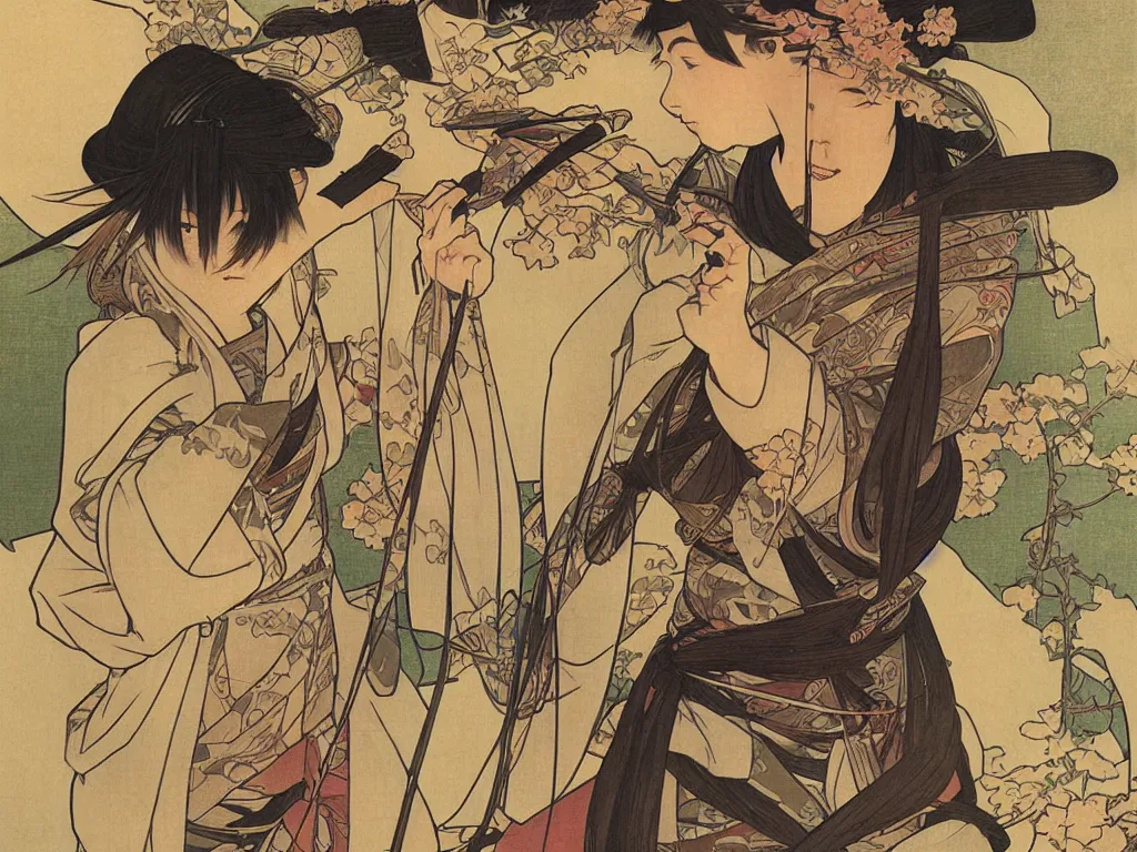 Image similar to a ronin in a japanese village during edo period, dusk, by fiona staples, range murata, alphonse mucha