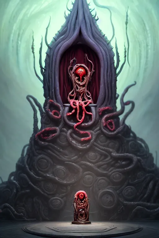 Prompt: a highly detailed matte painting of an illithid presenting an offering inside an expansive throne room with an enormous empty throne made of writhing flesh and entrails by studio ghibli, makoto shinkai, by artgerm, by wlop, by greg rutkowski, red tones, volumetric lighting, octane render, 4 k resolution, trending on artstation, masterpiece