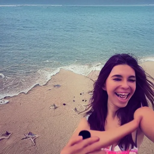 Image similar to “a college girl taking a selfie on the beach with lots of hearts in the air”