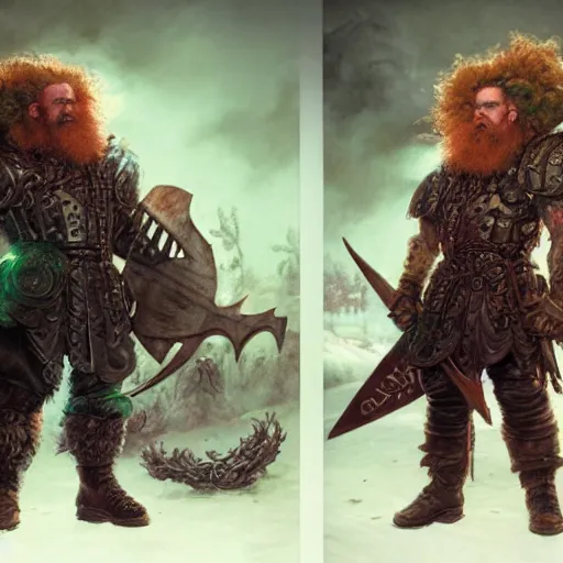 Image similar to red haired dwarf with curly hair and full beard wearing leather armor with green strips, battle axe on his back, ultra realistic, concept art, intricate details, eerie, highly detailed, photorealistic, octane render, 8 k, unreal engine. art by artgerm and greg rutkowski and alphonse mucha